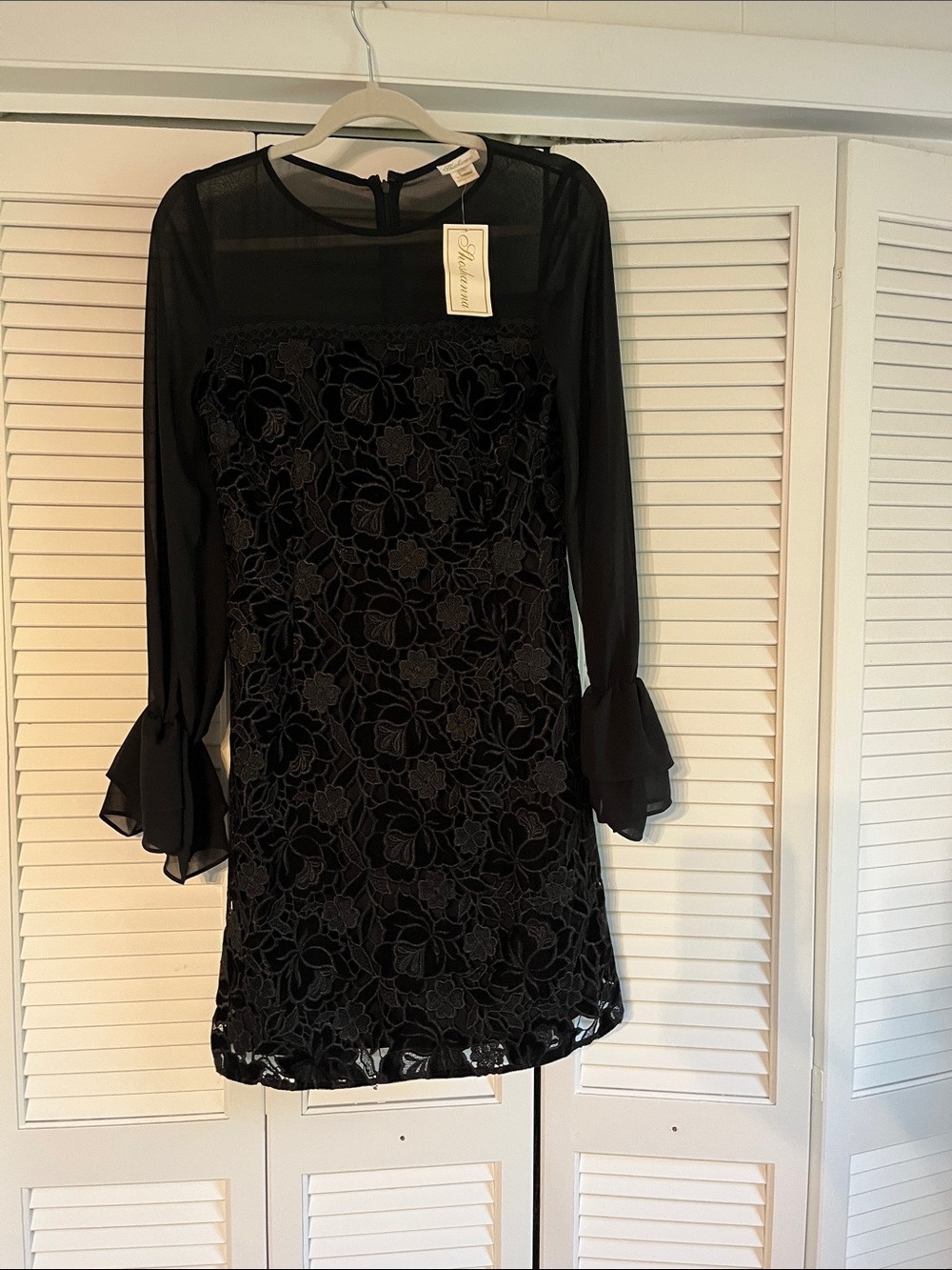 Shoshanna Black Floral Lace Dress with Sheer Bell Sleeves